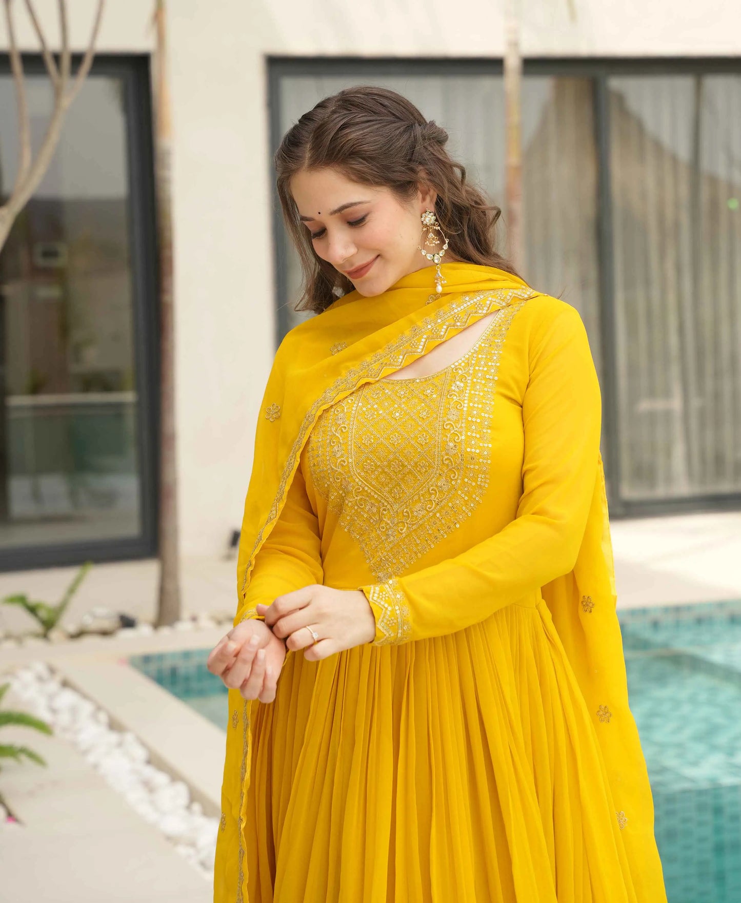 Lightning Yellow Zari Embroidery Work Gown With Dupatta
