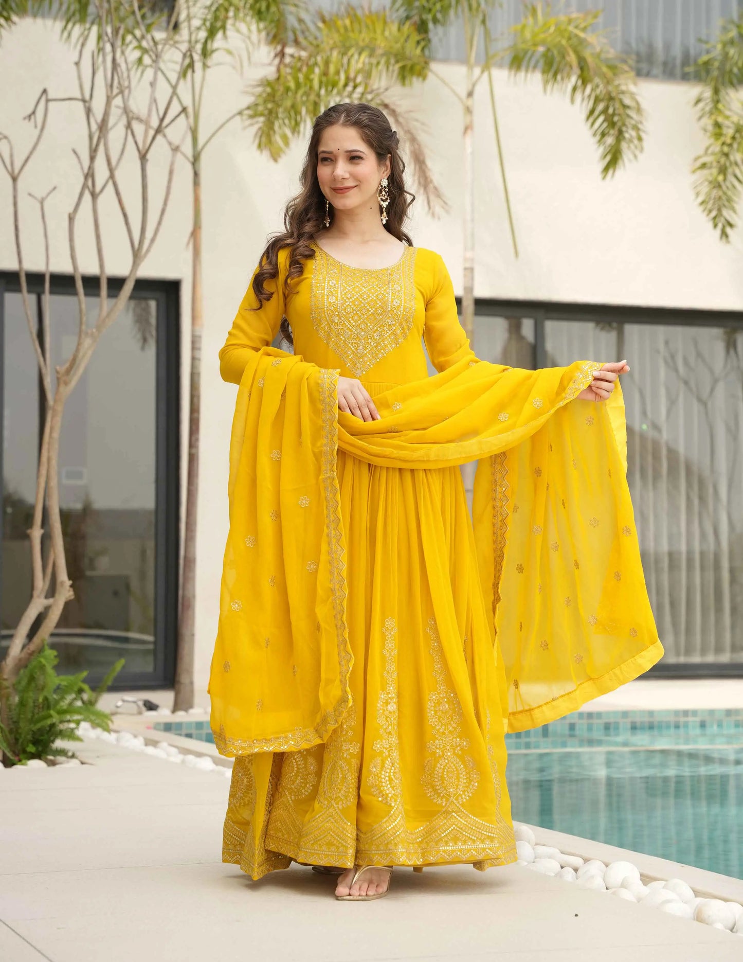 Lightning Yellow Zari Embroidery Work Gown With Dupatta