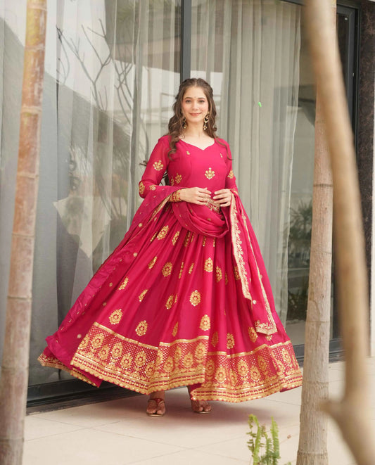 Cerise Pink Georgette Gown With Zari Embroidery Work And Dupatta