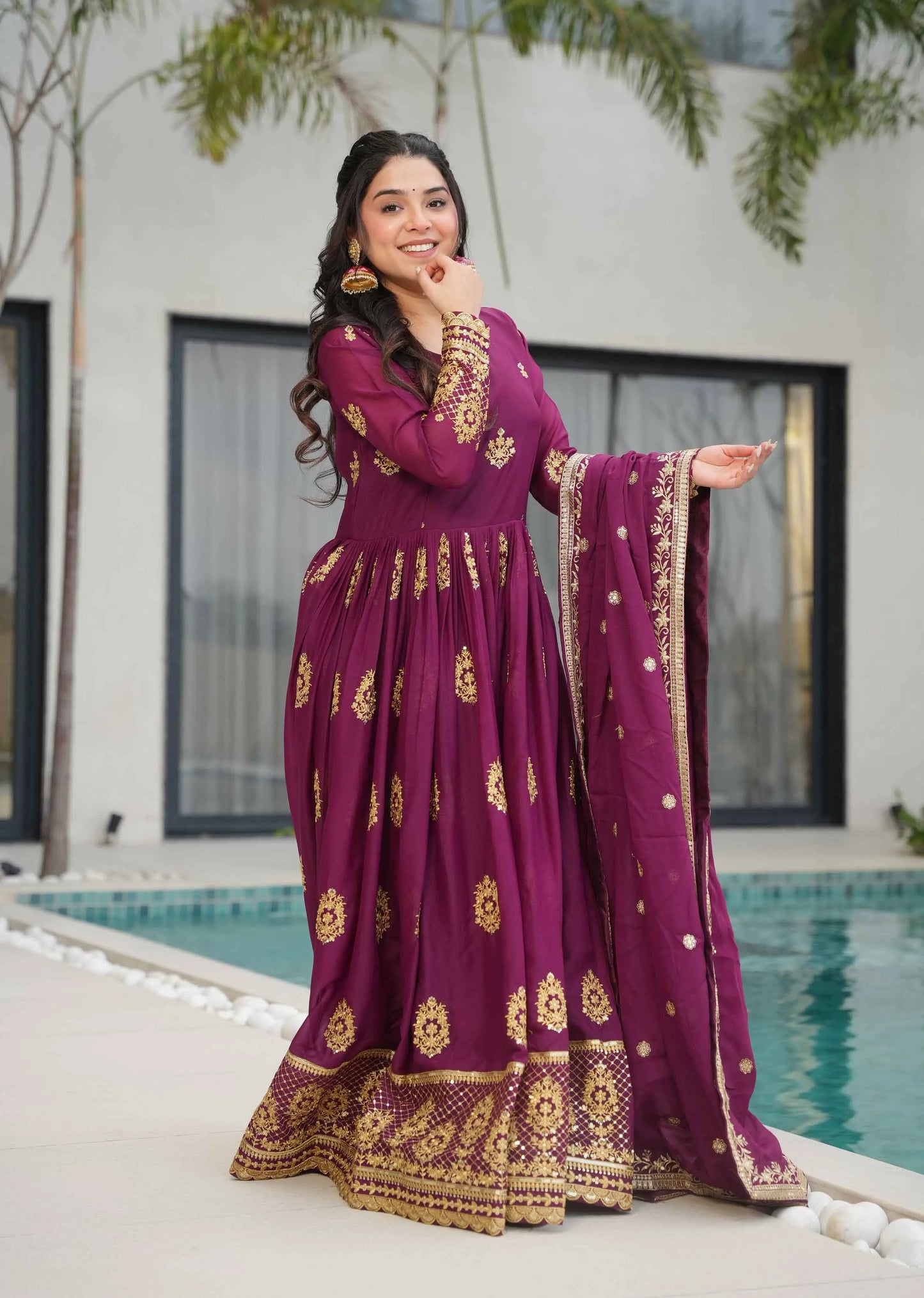 Wine Georgette Gown With Zari Embroidery Work And Dupatta