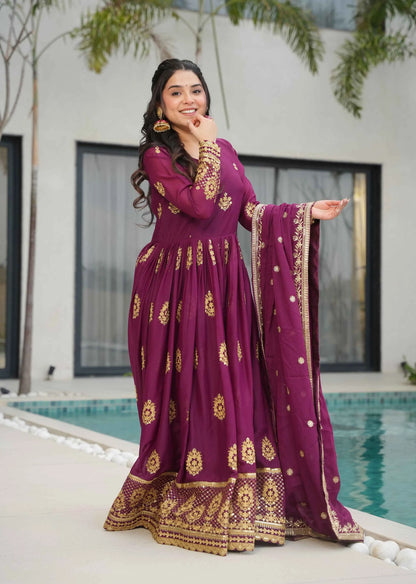 Wine Georgette Gown With Zari Embroidery Work And Dupatta