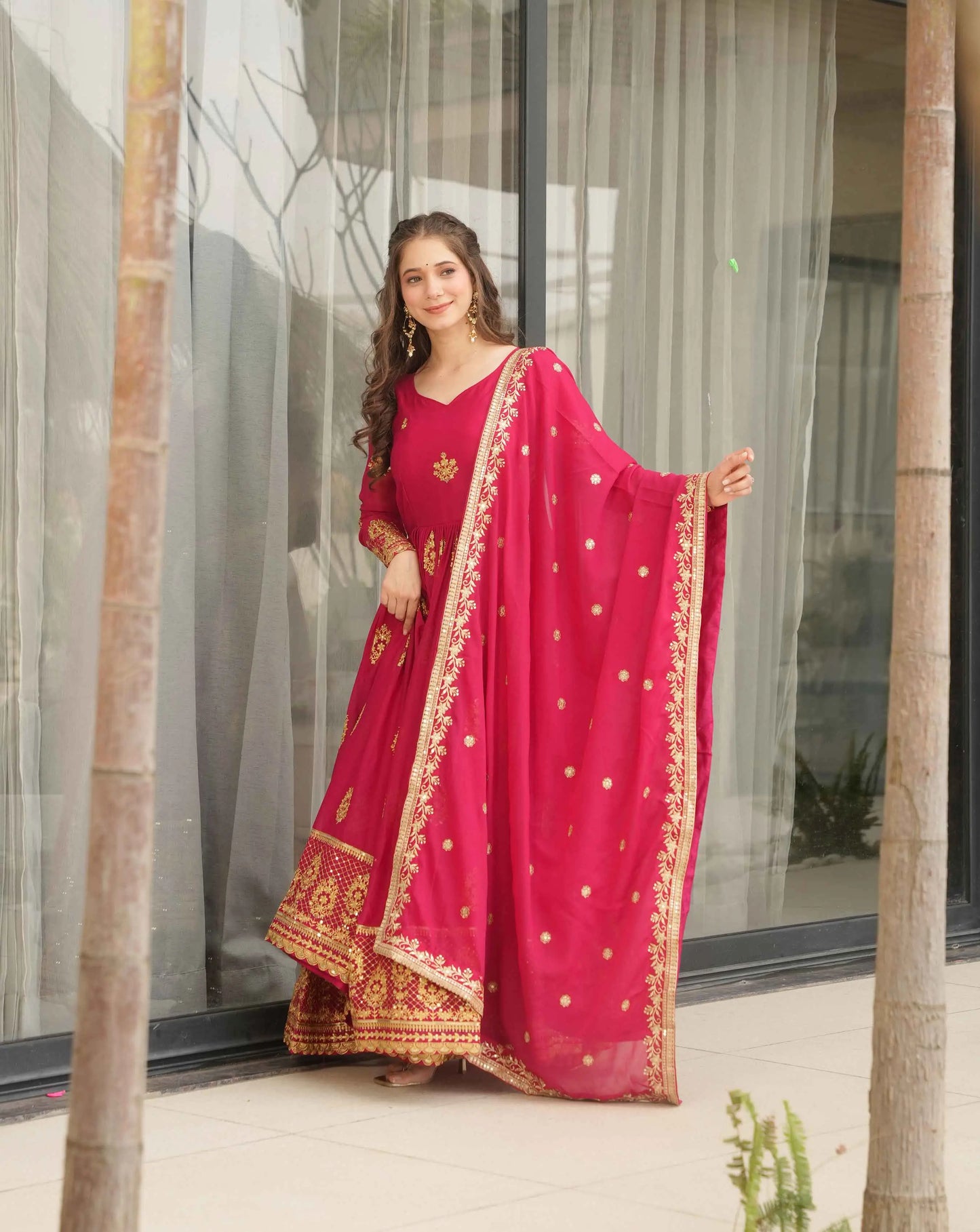 Cerise Pink Georgette Gown With Zari Embroidery Work And Dupatta