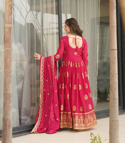 Cerise Pink Georgette Gown With Zari Embroidery Work And Dupatta