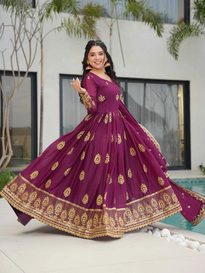 Wine Georgette Gown With Zari Embroidery Work And Dupatta