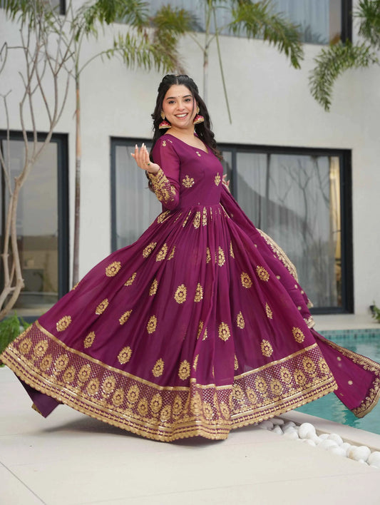 Wine Georgette Gown With Zari Embroidery Work And Dupatta