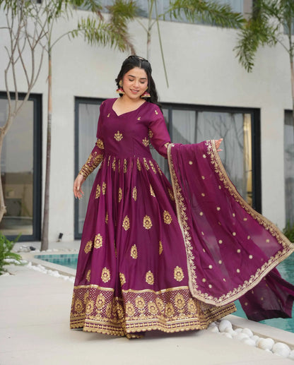 Wine Georgette Gown With Zari Embroidery Work And Dupatta