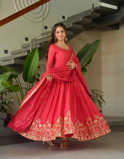 Peachy Red Embroidery Zari Sequins Work Gown With Dupatta
