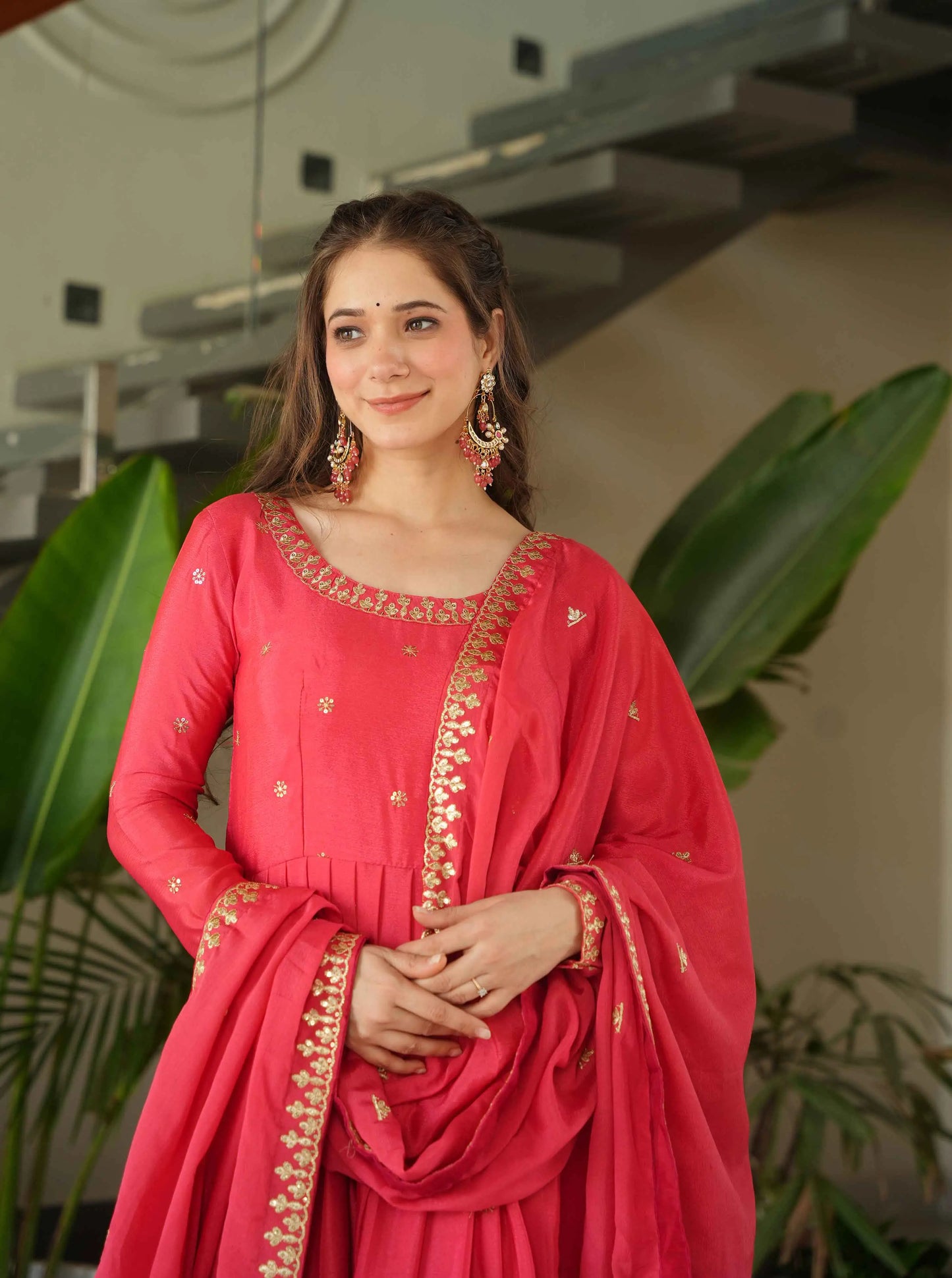 Peachy Red Embroidery Zari Sequins Work Gown With Dupatta