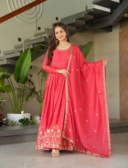 Peachy Red Embroidery Zari Sequins Work Gown With Dupatta