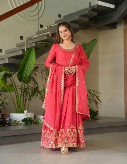 Peachy Red Embroidery Zari Sequins Work Gown With Dupatta