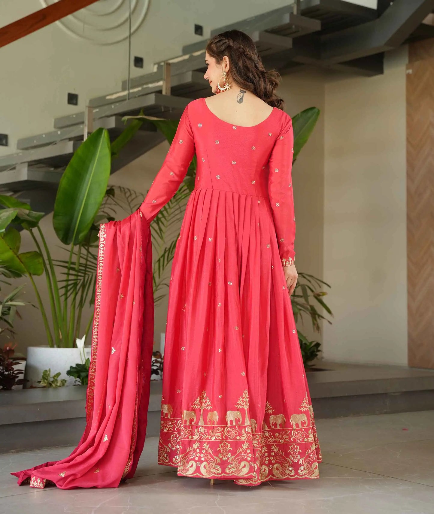 Peachy Red Embroidery Zari Sequins Work Gown With Dupatta