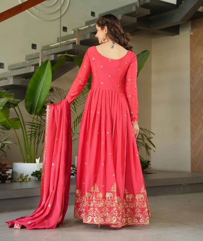 Peachy Red Embroidery Zari Sequins Work Gown With Dupatta
