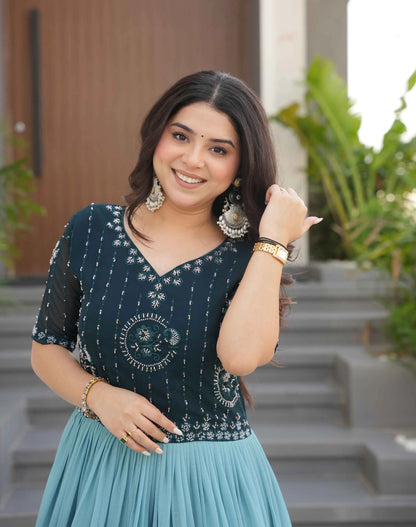 Teal Blue Floral Padding Digital Print Gown With Beads Embroidery Work