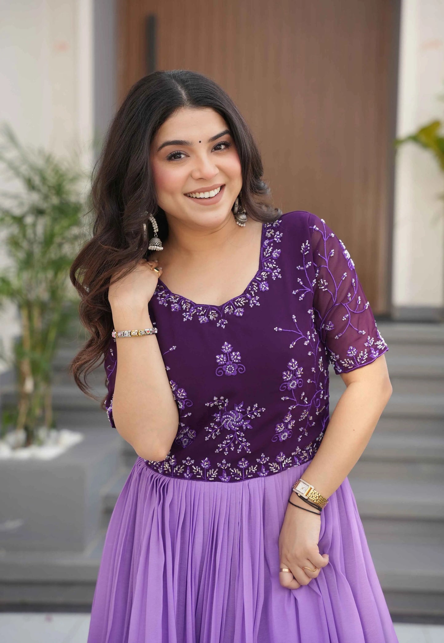 Purple Floral Padding Digital Print Gown With Beads Embroidery Work