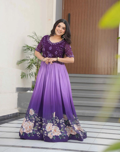 Purple Floral Padding Digital Print Gown With Beads Embroidery Work