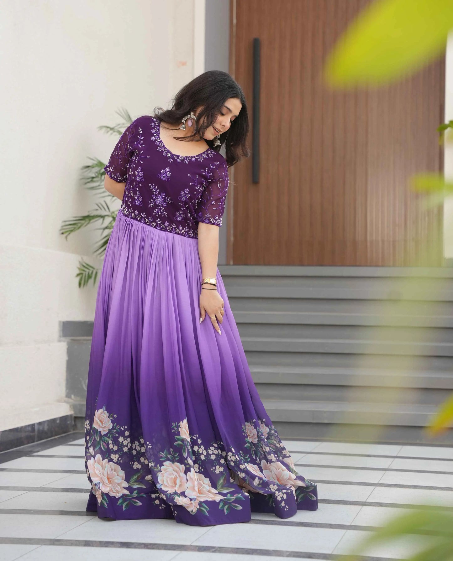 Purple Floral Padding Digital Print Gown With Beads Embroidery Work