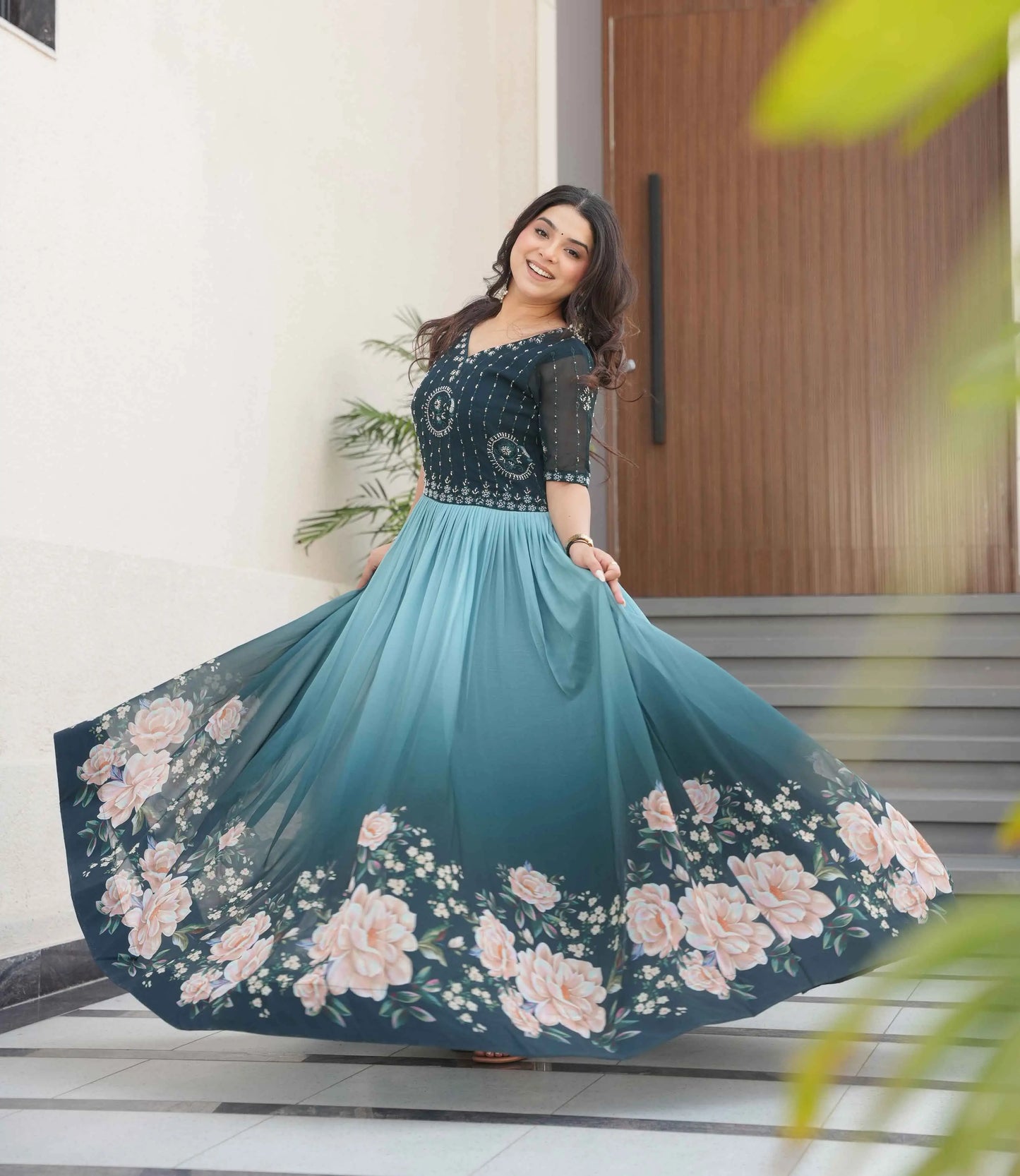 Teal Blue Floral Padding Digital Print Gown With Beads Embroidery Work