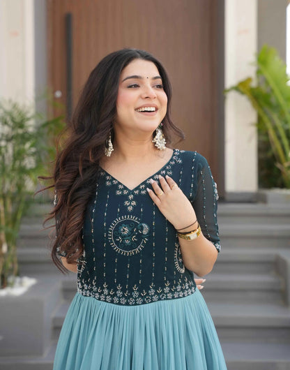 Teal Blue Floral Padding Digital Print Gown With Beads Embroidery Work