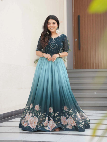 Teal Blue Floral Padding Digital Print Gown With Beads Embroidery Work