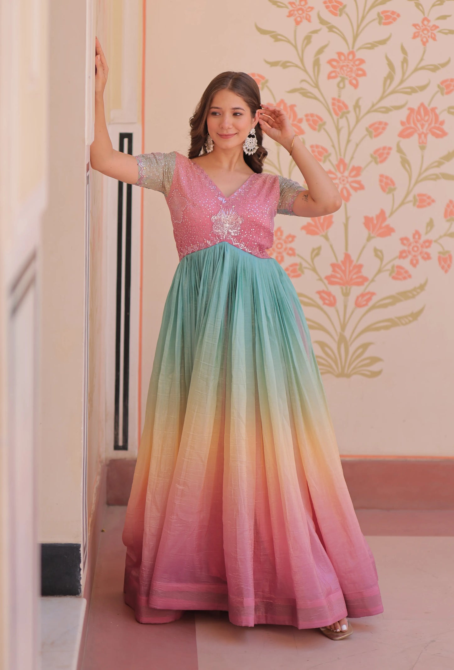 Designer Peach Color Padding & Beads Embroidery Work Gown