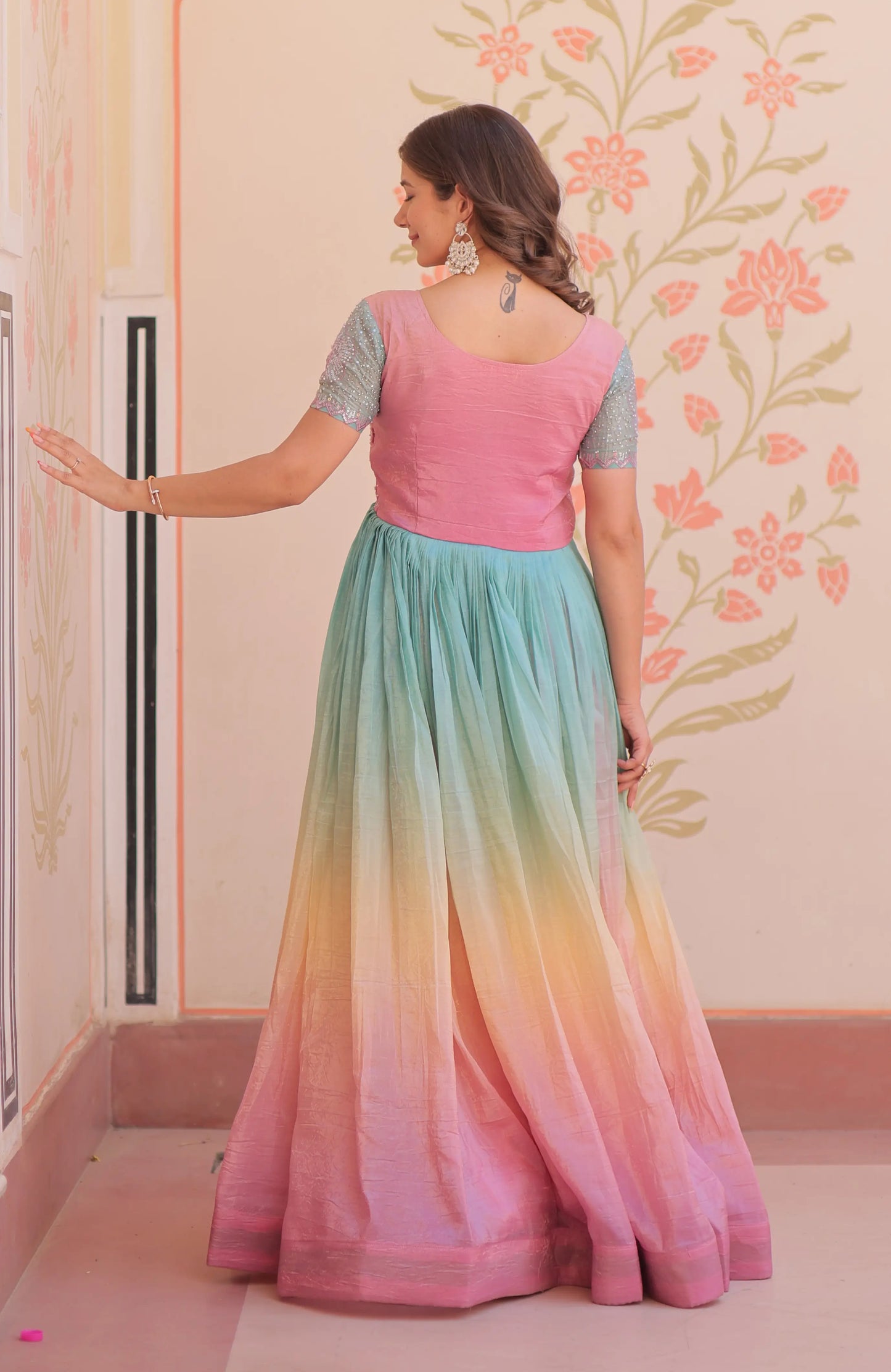 Designer Peach Color Padding & Beads Embroidery Work Gown