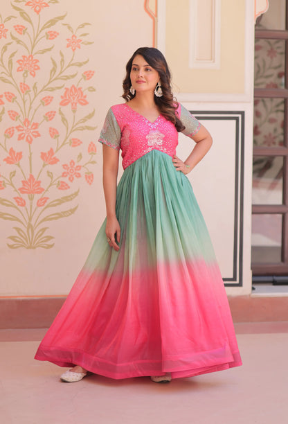 Designer Pink Color Padding & Beads Embroidery Work Gown