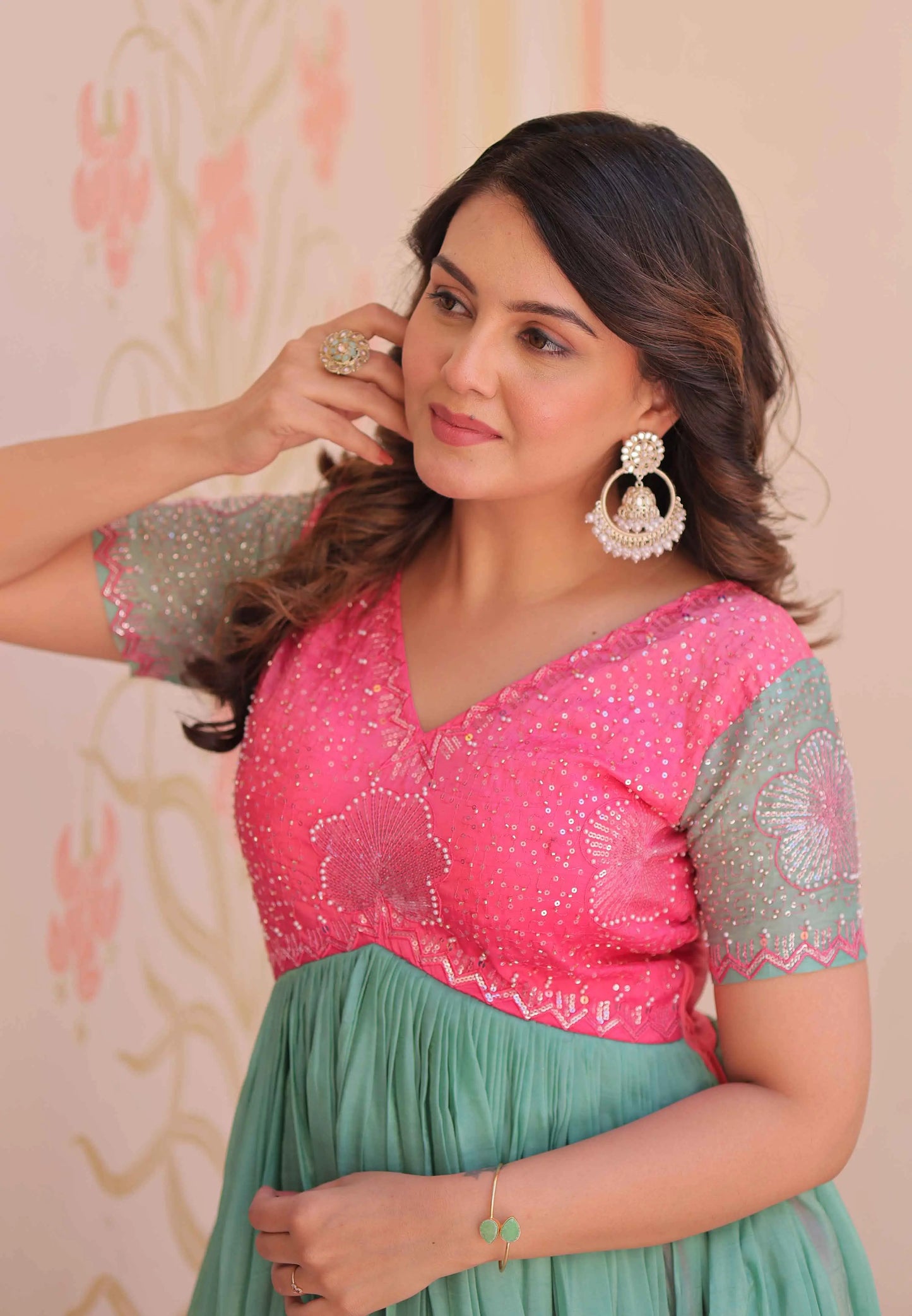 Designer Pink Color Padding & Beads Embroidery Work Gown