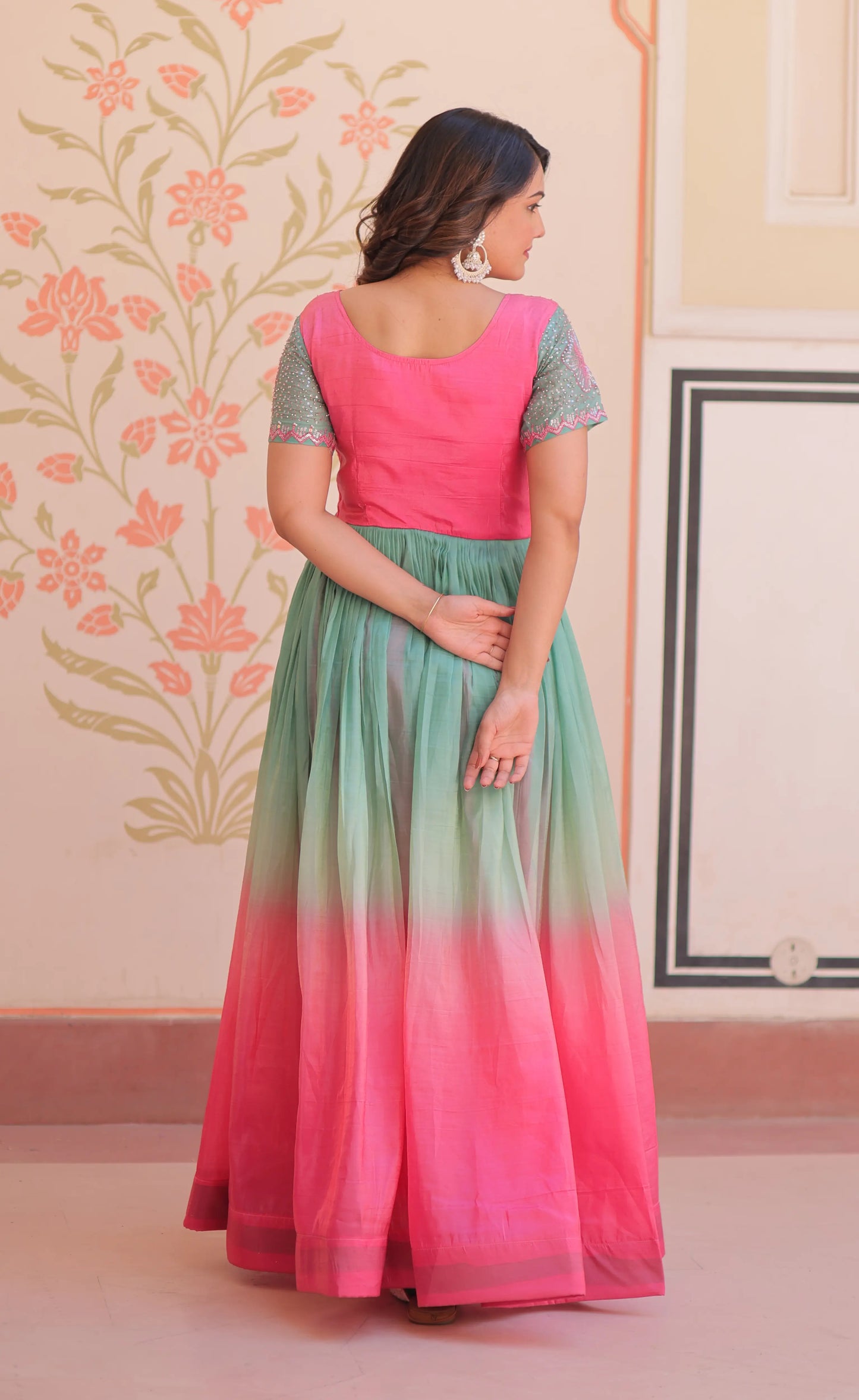 Designer Pink Color Padding & Beads Embroidery Work Gown