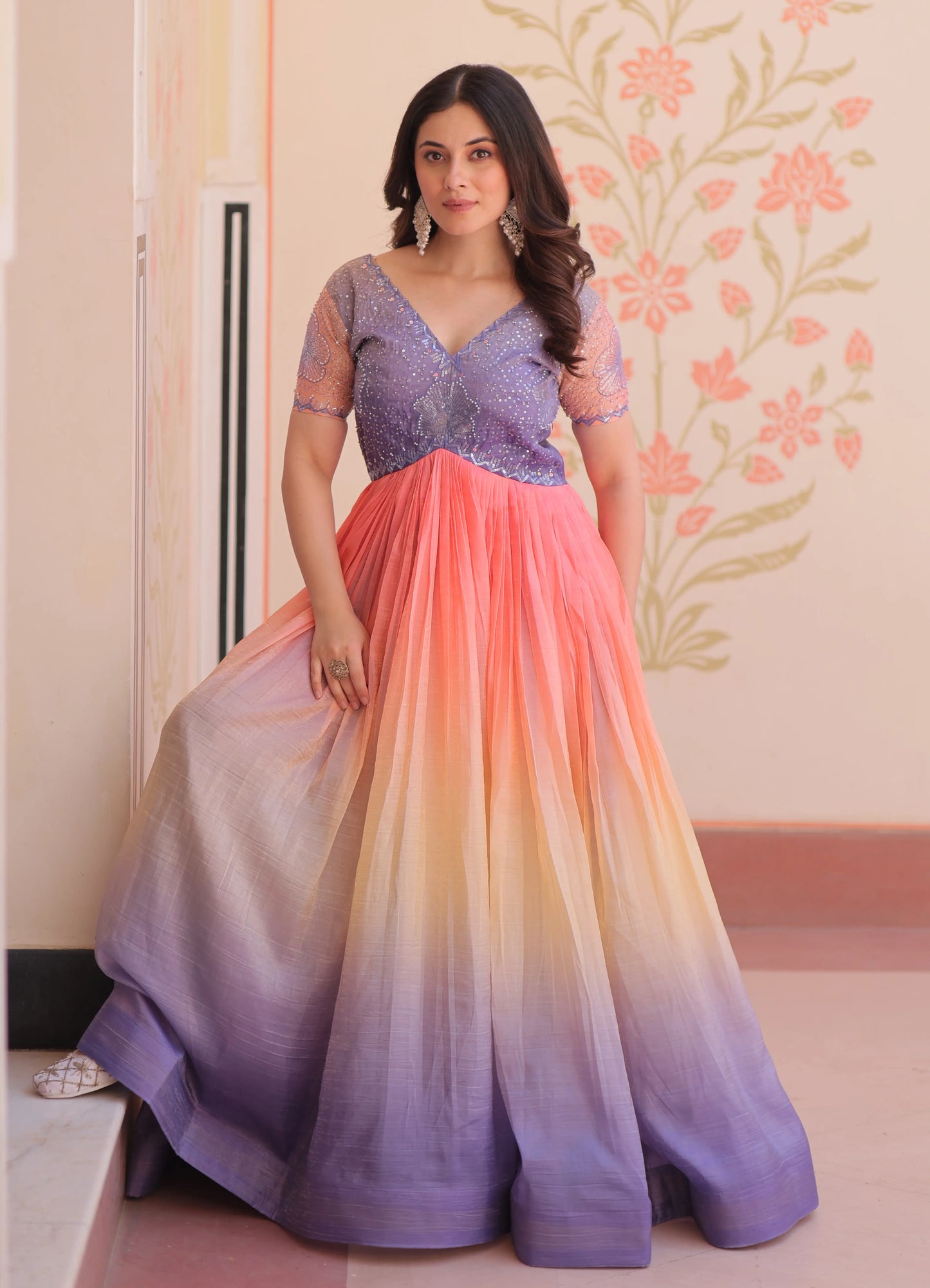 Designer Lavender Color Padding With Beads Embroidery Work Gown