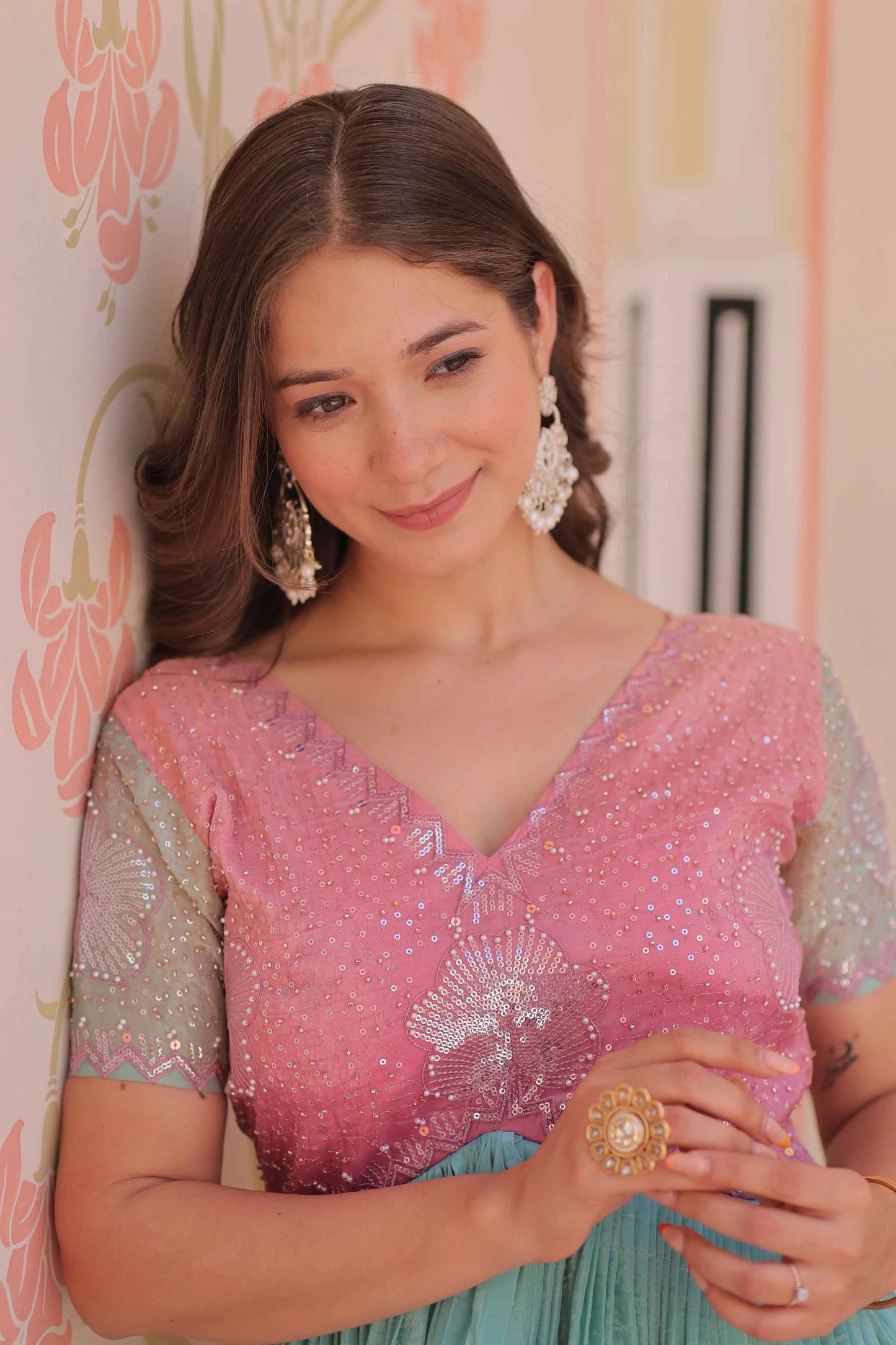 Designer Peach Color Padding & Beads Embroidery Work Gown