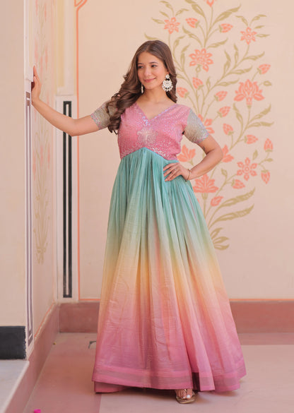 Designer Peach Color Padding & Beads Embroidery Work Gown