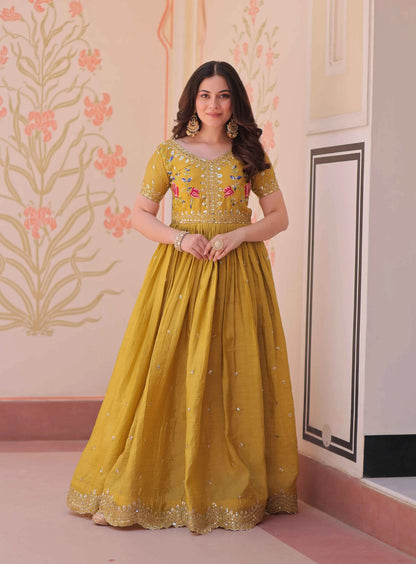 Designer Yellow Gold Crush Multi Thread Sequins Embroidery Work Gown