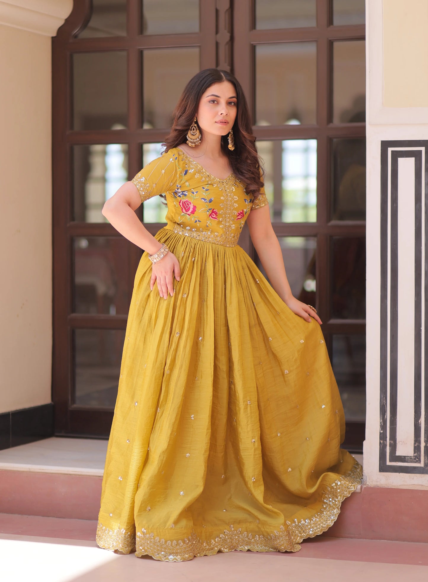 Designer Yellow Gold Crush Multi Thread Sequins Embroidery Work Gown