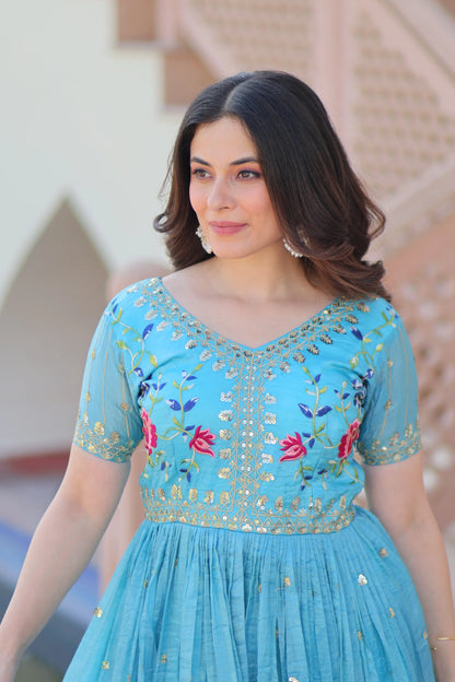 Designer Sky Blue Gold Crush Multi Thread Sequins Embroidery Work Gown