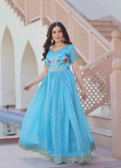 Designer Sky Blue Gold Crush Multi Thread Sequins Embroidery Work Gown
