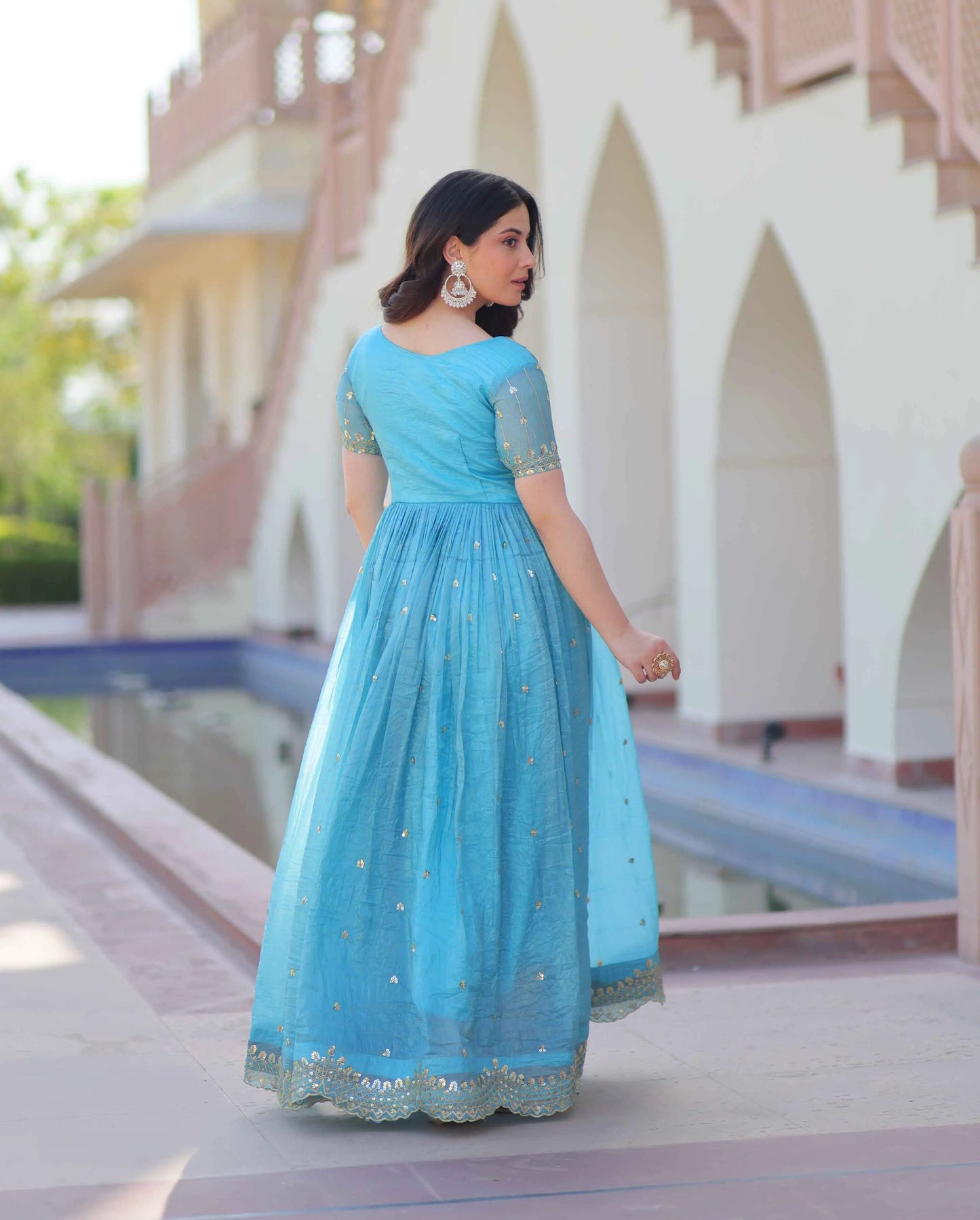 Designer Sky Blue Gold Crush Multi Thread Sequins Embroidery Work Gown