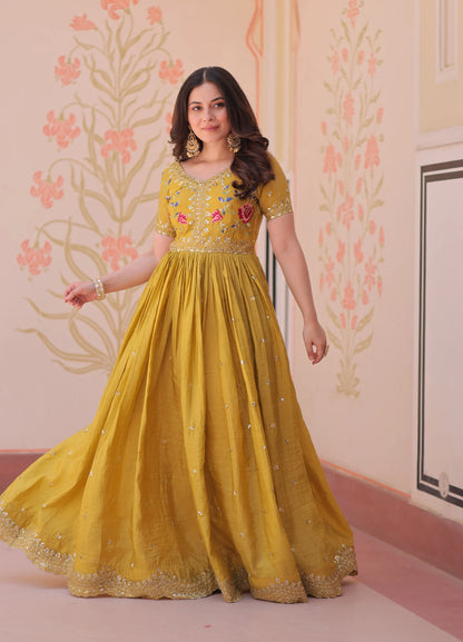 Designer Yellow Gold Crush Multi Thread Sequins Embroidery Work Gown
