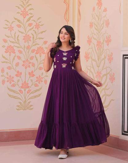 Purple Georgette Multi Thread Beads Embroidery Work Gown