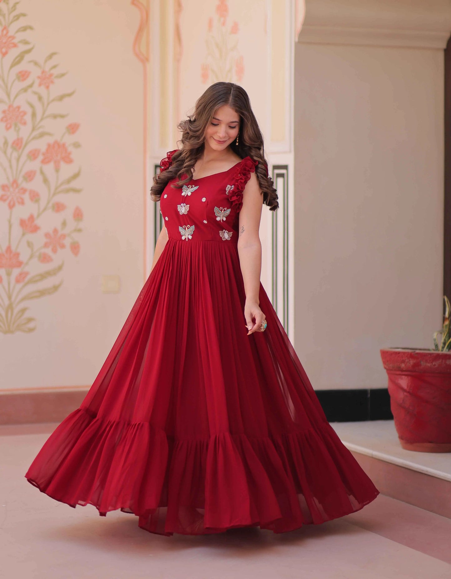 Paprika Red Georgette Multi Thread Beads Embroidery Work Gown