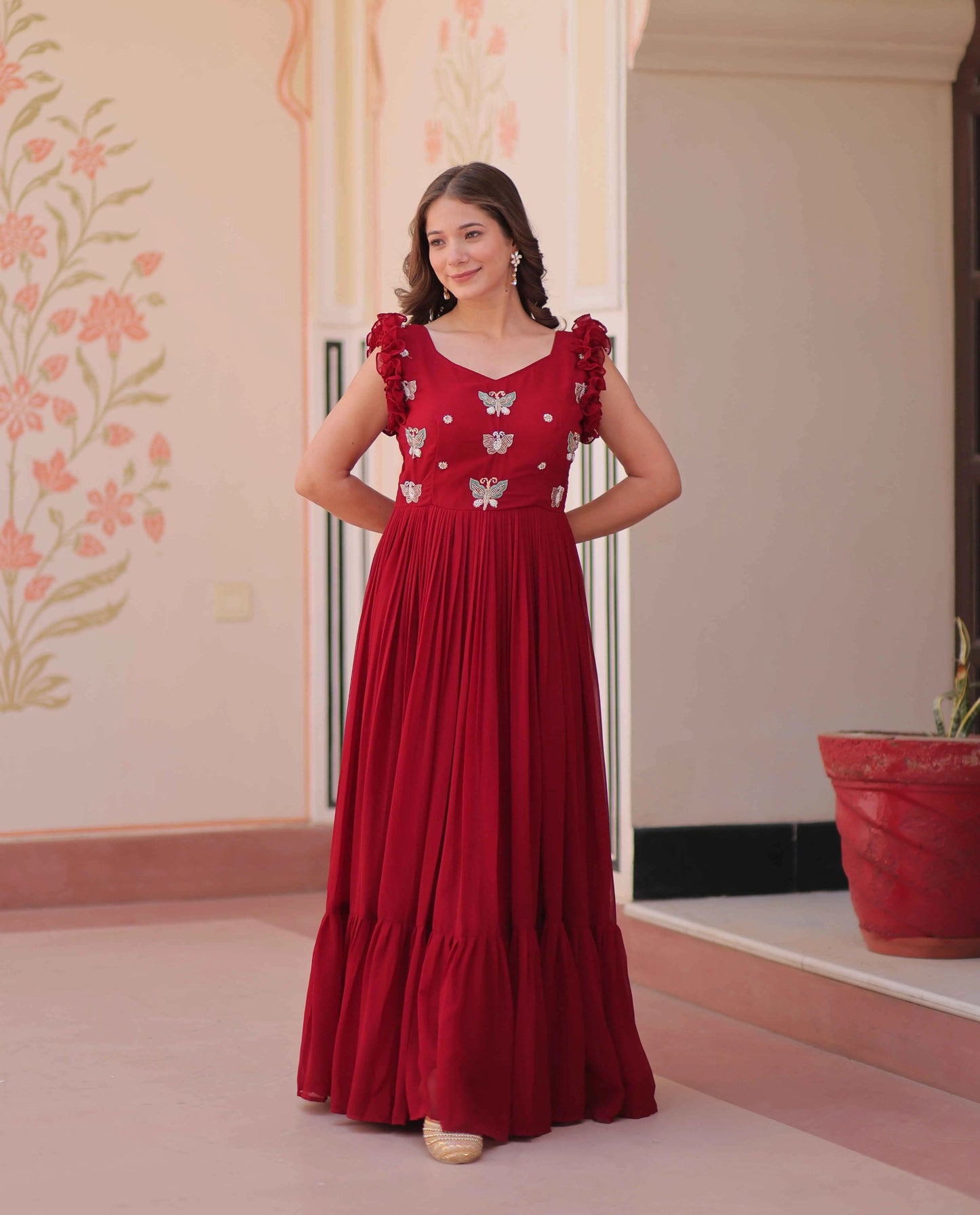 Paprika Red Georgette Multi Thread Beads Embroidery Work Gown
