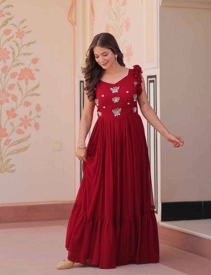 Paprika Red Georgette Multi Thread Beads Embroidery Work Gown