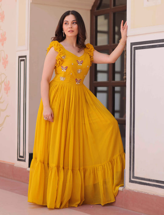Squash Yellow Georgette Multi Thread Beads Embroidery Work Gown