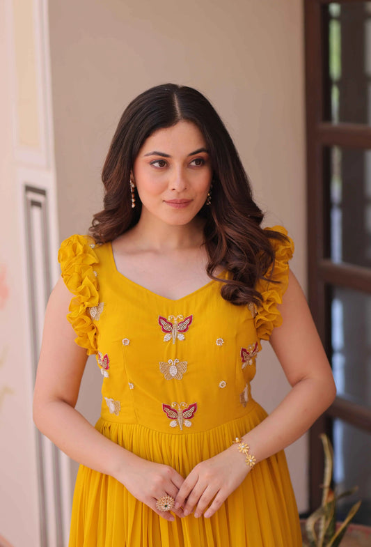 Squash Yellow Georgette Multi Thread Beads Embroidery Work Gown