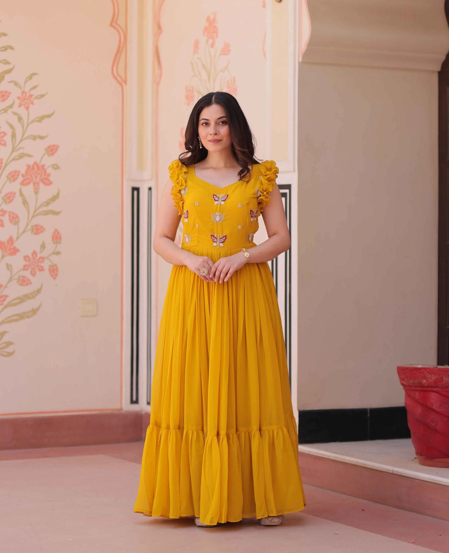 Squash Yellow Georgette Multi Thread Beads Embroidery Work Gown