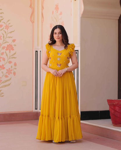 Squash Yellow Georgette Multi Thread Beads Embroidery Work Gown