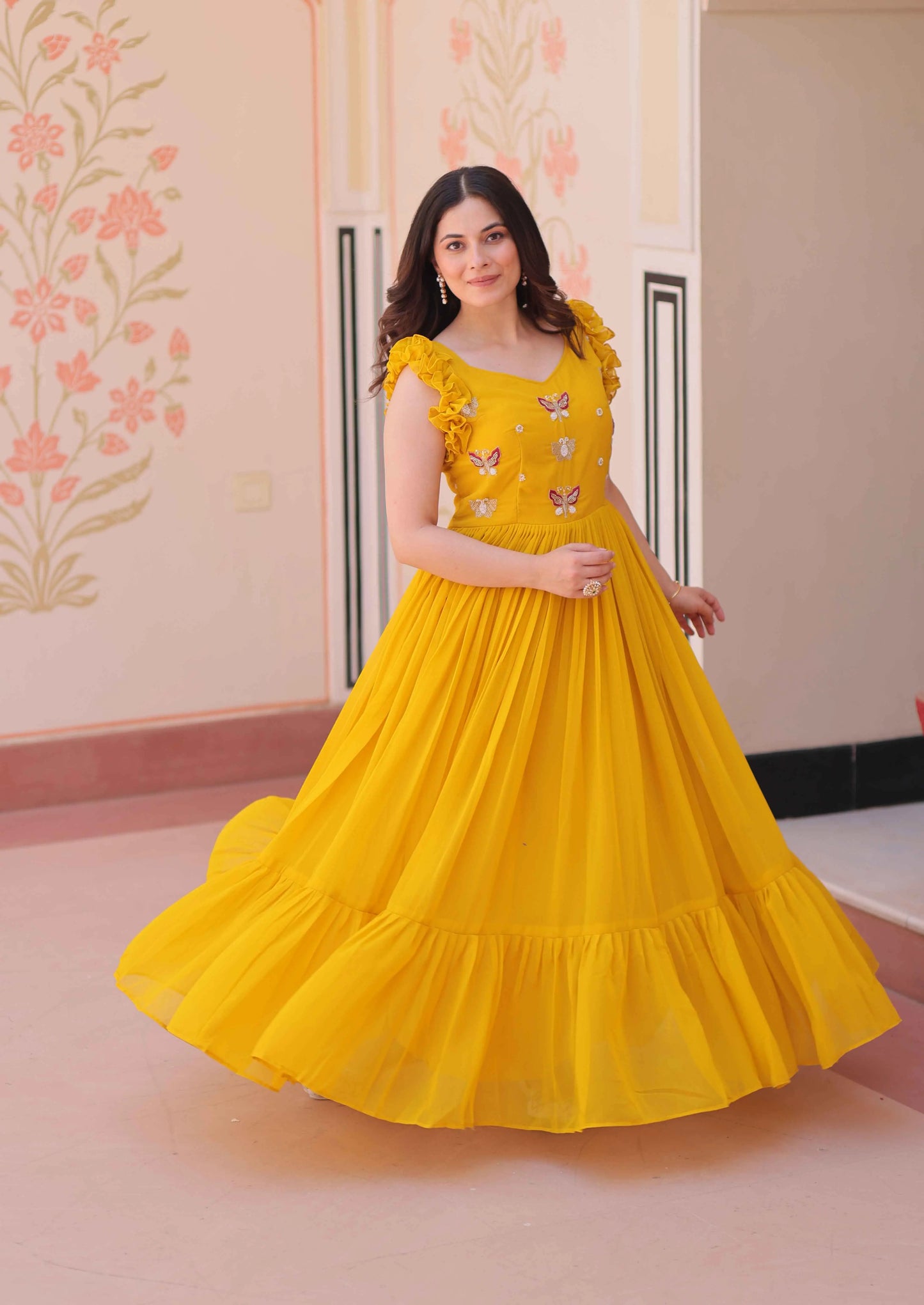 Squash Yellow Georgette Multi Thread Beads Embroidery Work Gown