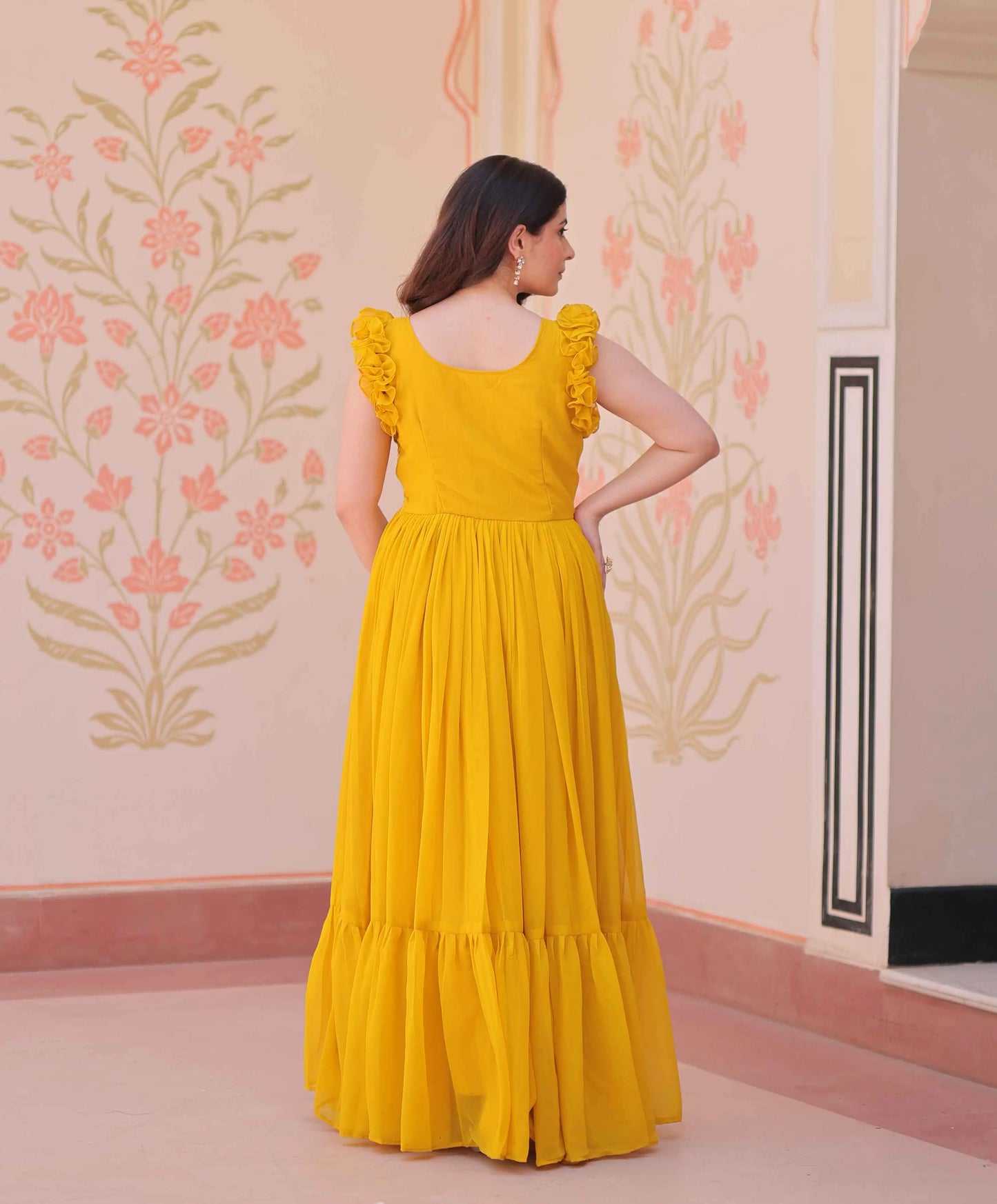 Squash Yellow Georgette Multi Thread Beads Embroidery Work Gown