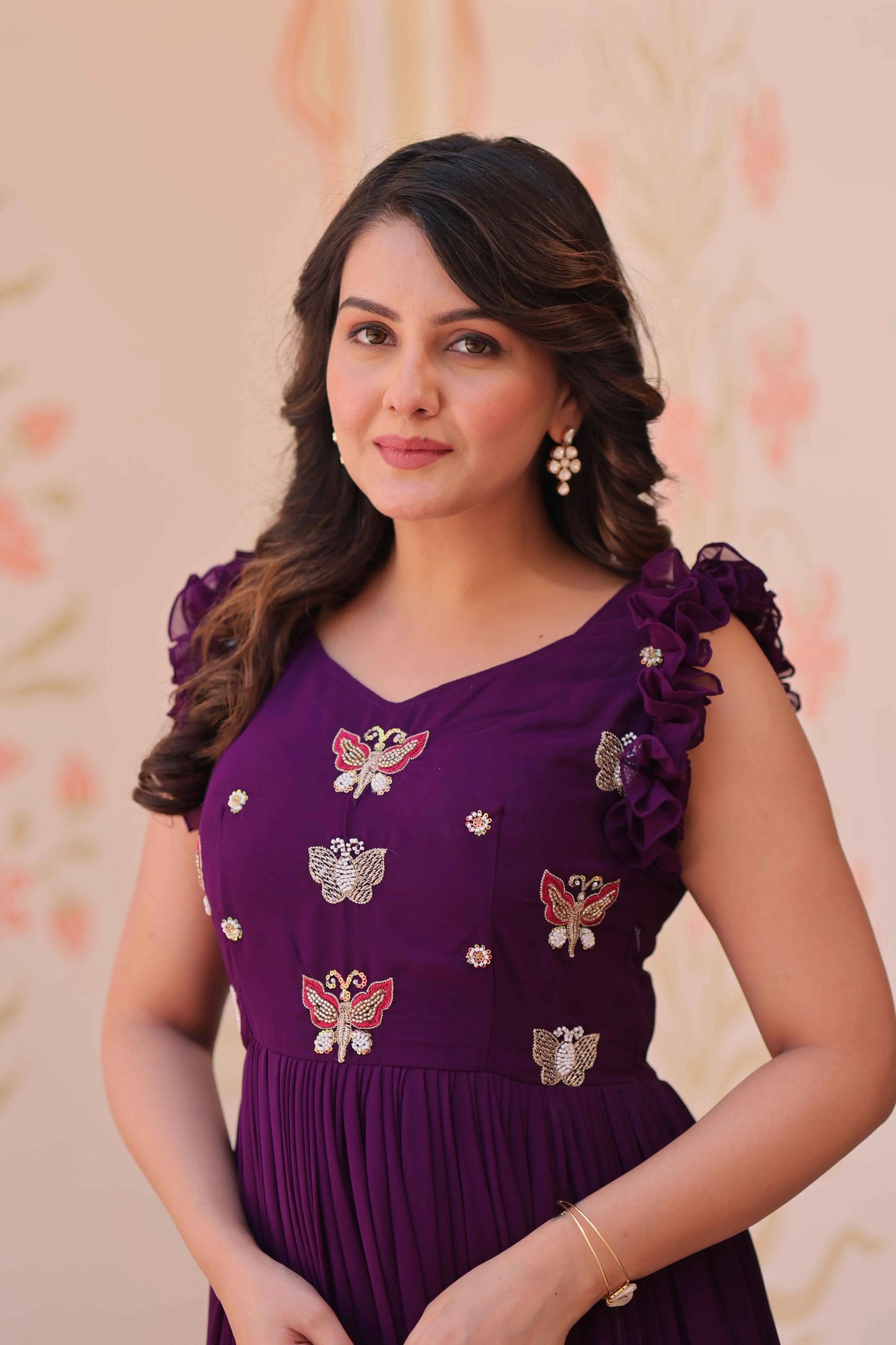 Purple Georgette Multi Thread Beads Embroidery Work Gown