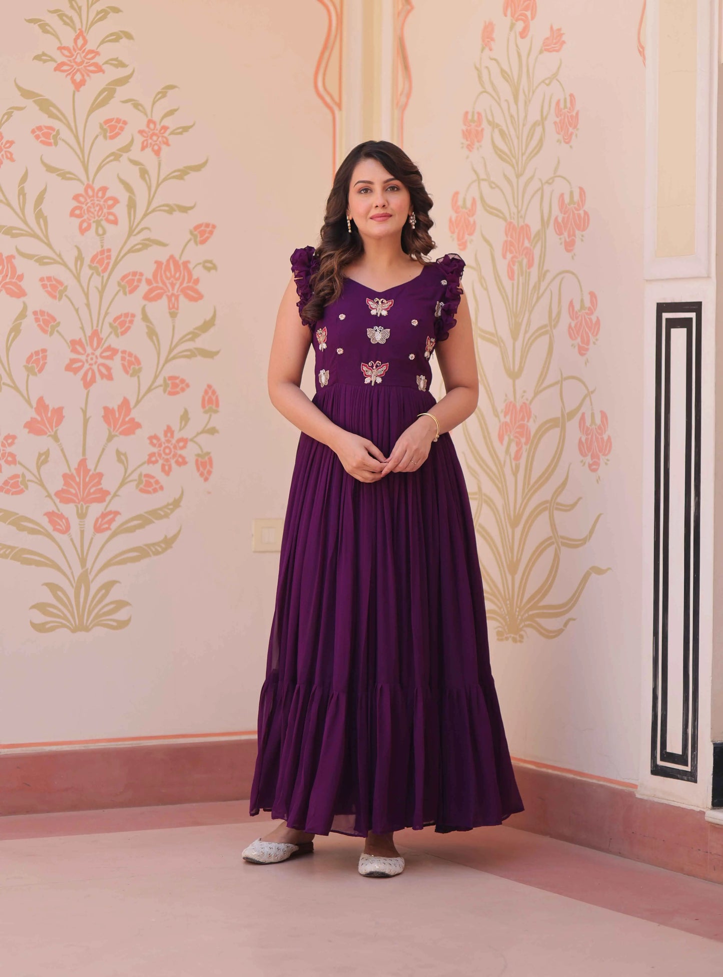 Purple Georgette Multi Thread Beads Embroidery Work Gown