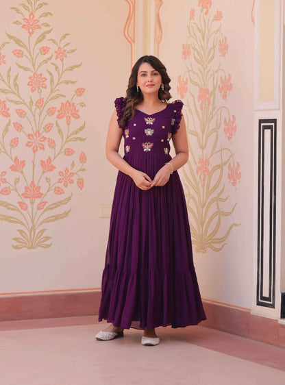 Purple Georgette Multi Thread Beads Embroidery Work Gown